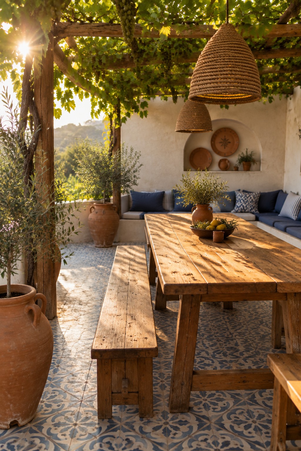 A wooden outdoor dining table and benches sit beneath a grapevine-covered pergola, with woven pendant shades and a built-in cushioned bench.