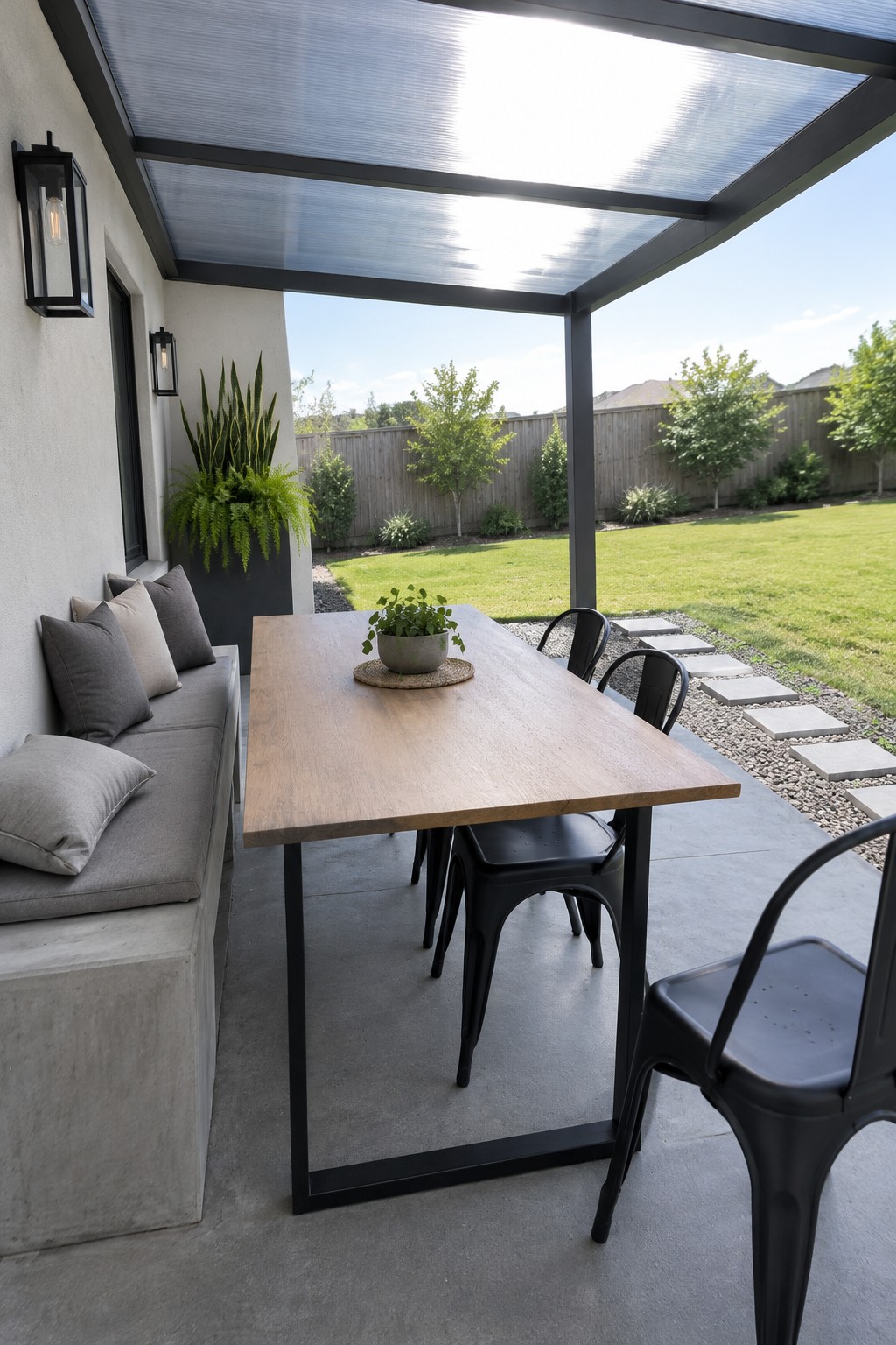 A wood dining table and black chairs sit on a concrete patio beneath a translucent roof, beside a built-in bench and planted container.
