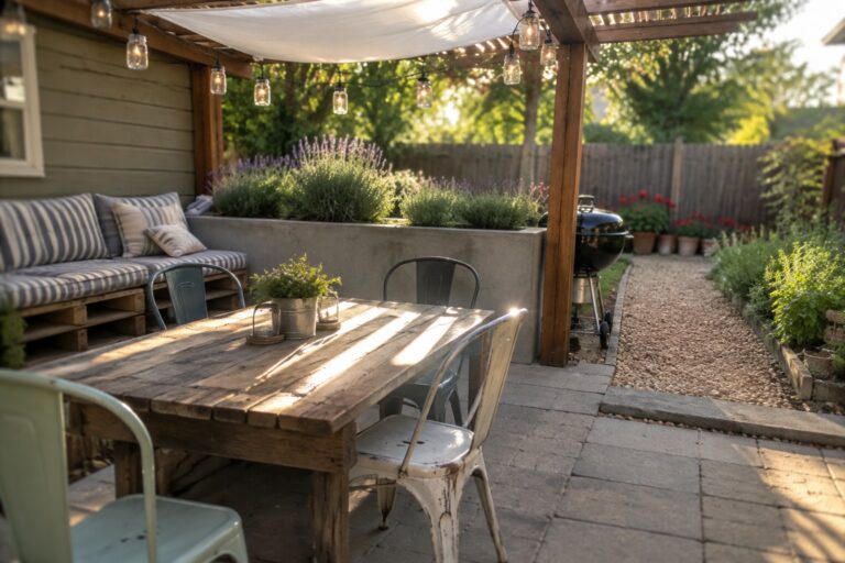A wooden pergola with a fabric shade panel covers a patio dining table and chairs.