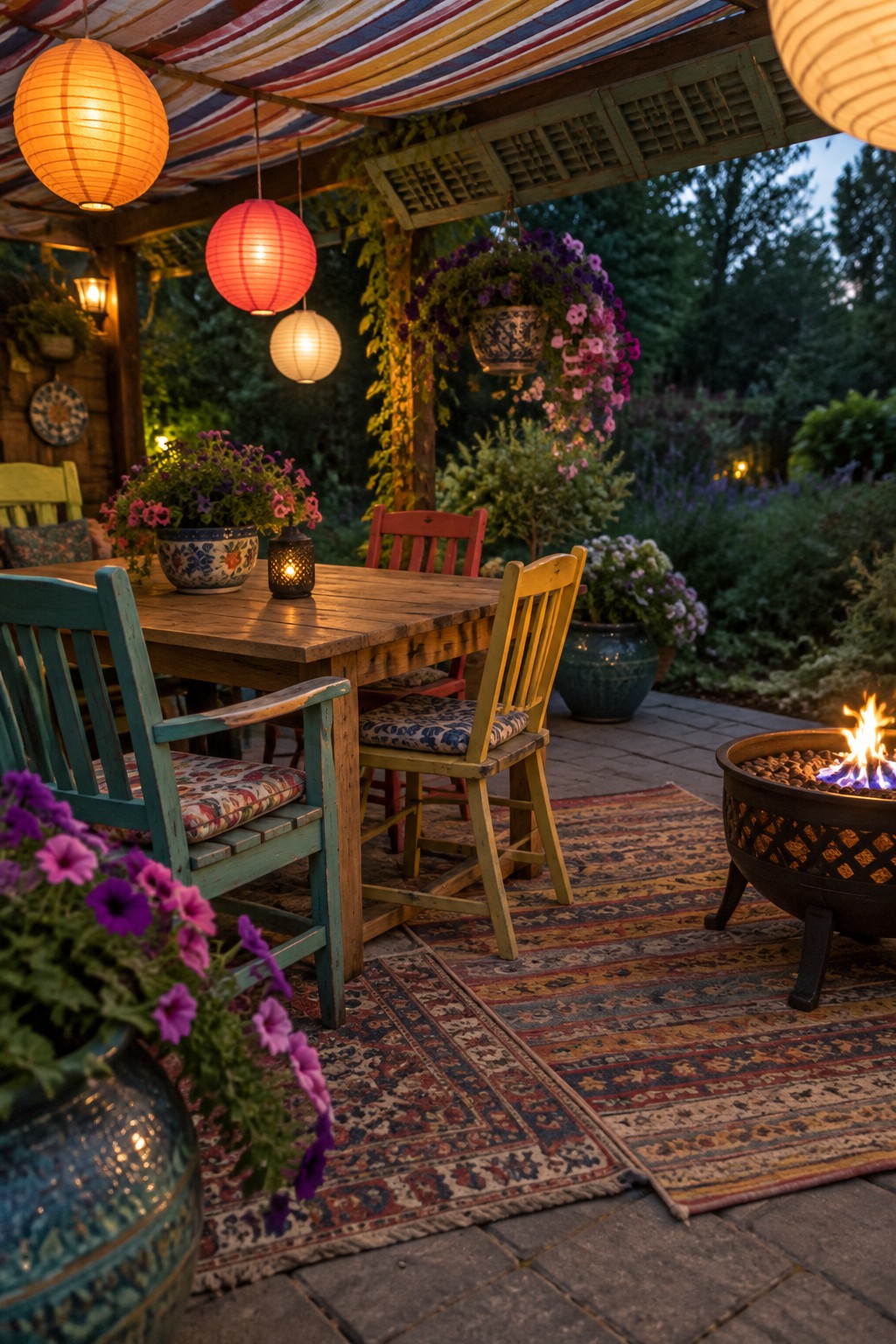 A wooden patio dining table and colorful chairs sit beneath a striped canopy, with hanging paper lanterns and a fire bowl nearby.
