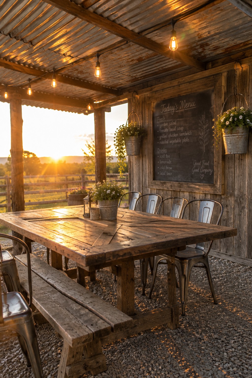 A covered outdoor dining area with a corrugated metal roof, a wooden table, metal chairs, and hanging lights.