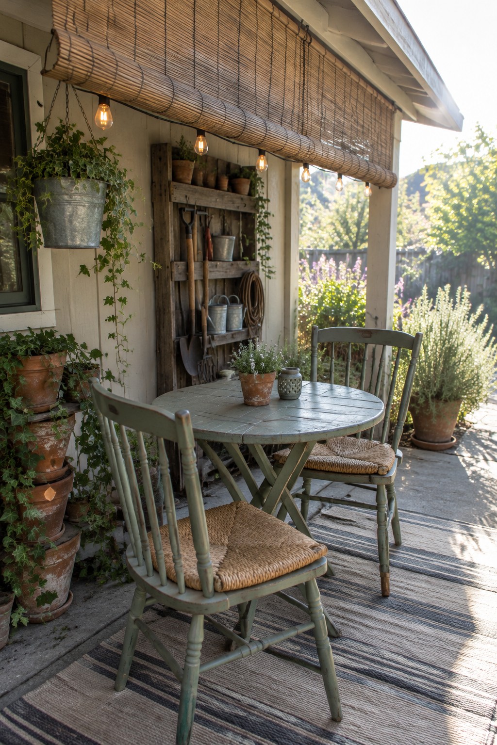 A round outdoor dining table and green chairs sit beneath a rolled bamboo shade on a covered patio.