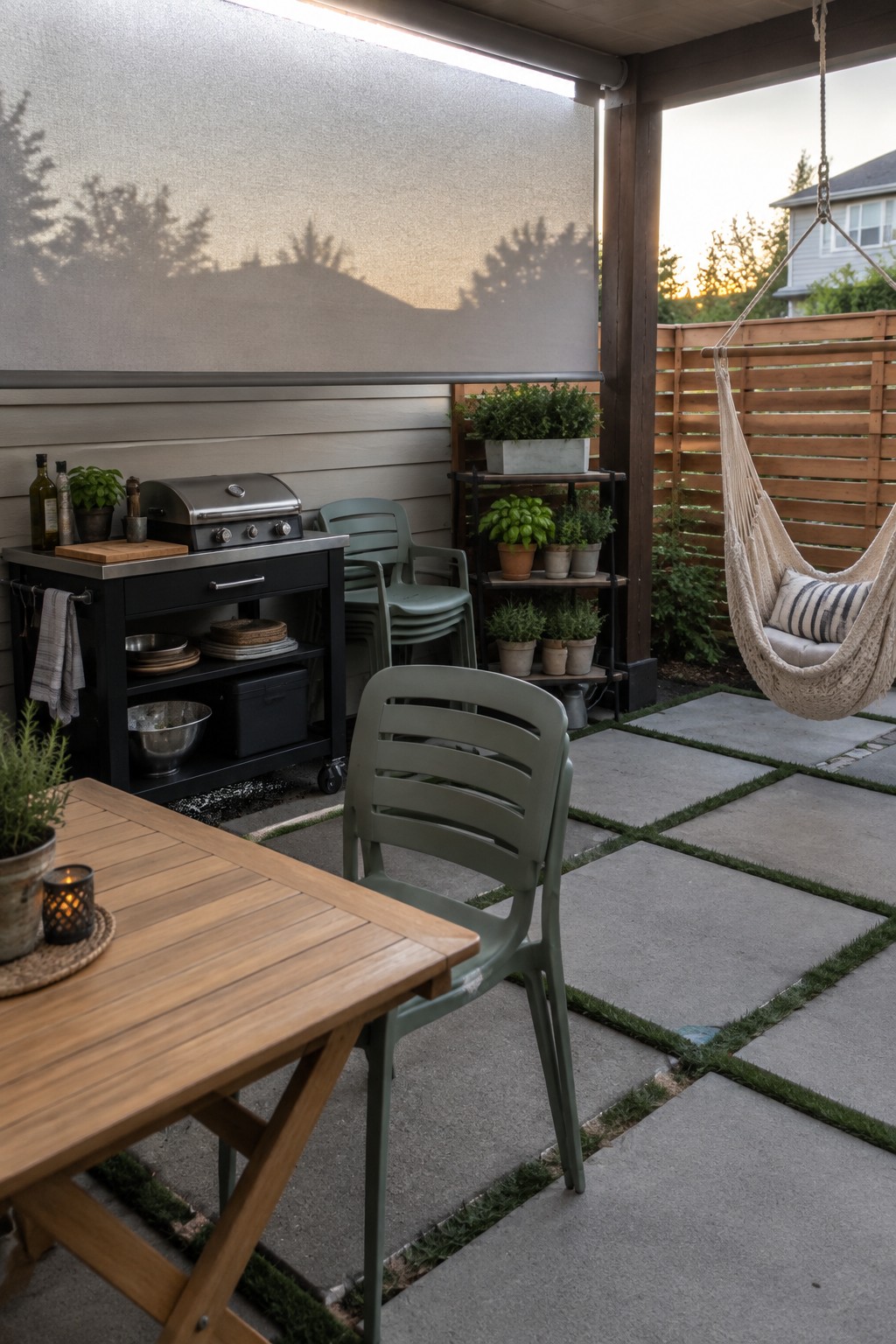 A covered patio with a lowered mesh shade, a grill cart, a wooden dining table, and a hanging hammock.