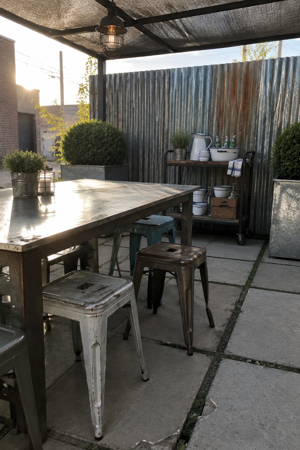 A metal dining table and stools sit beneath a dark fabric canopy on a paved patio with a corrugated metal fence.