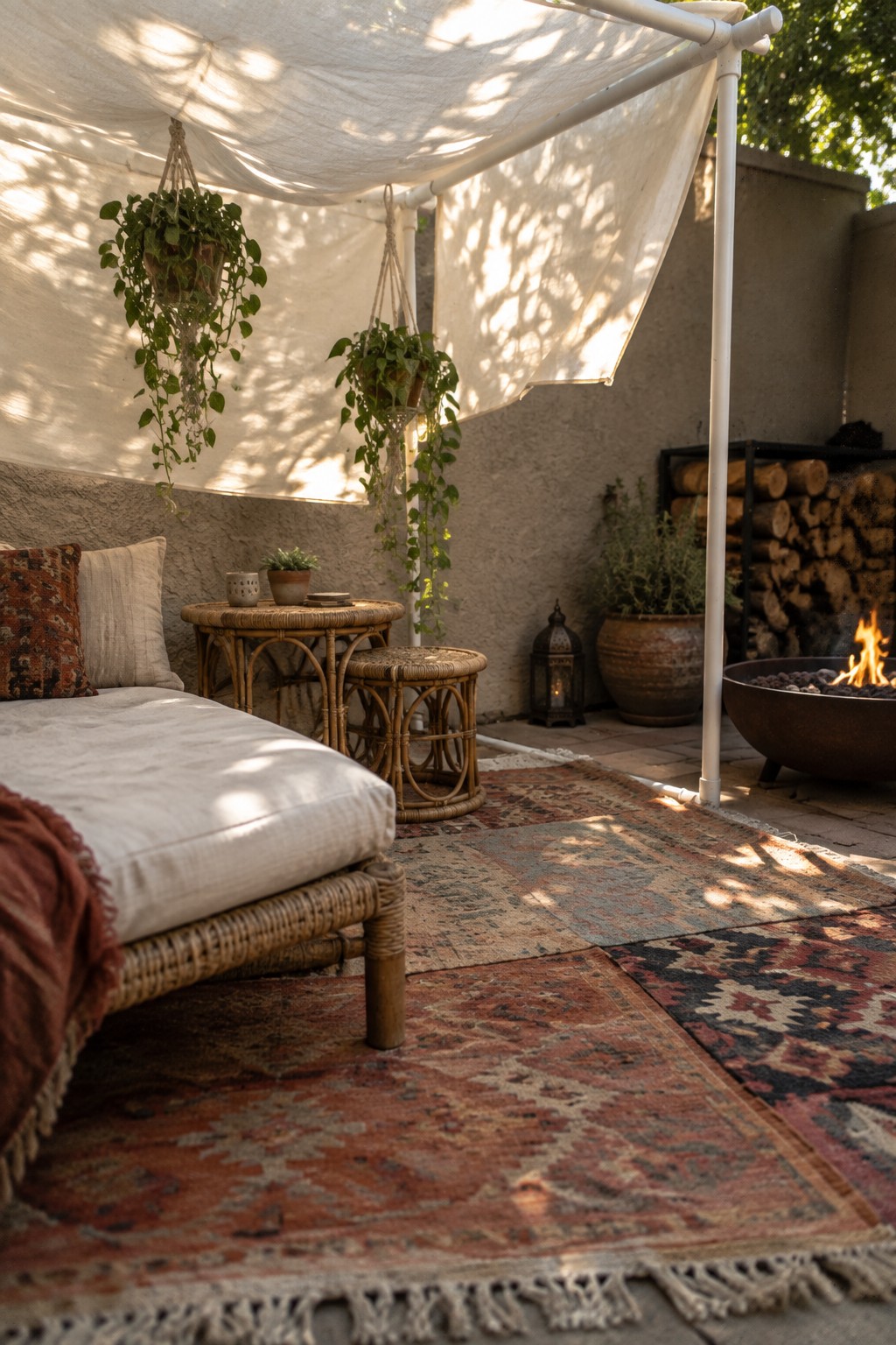 A covered patio with a cream fabric canopy, hanging plants, wicker seating, patterned rugs, and a fire bowl.