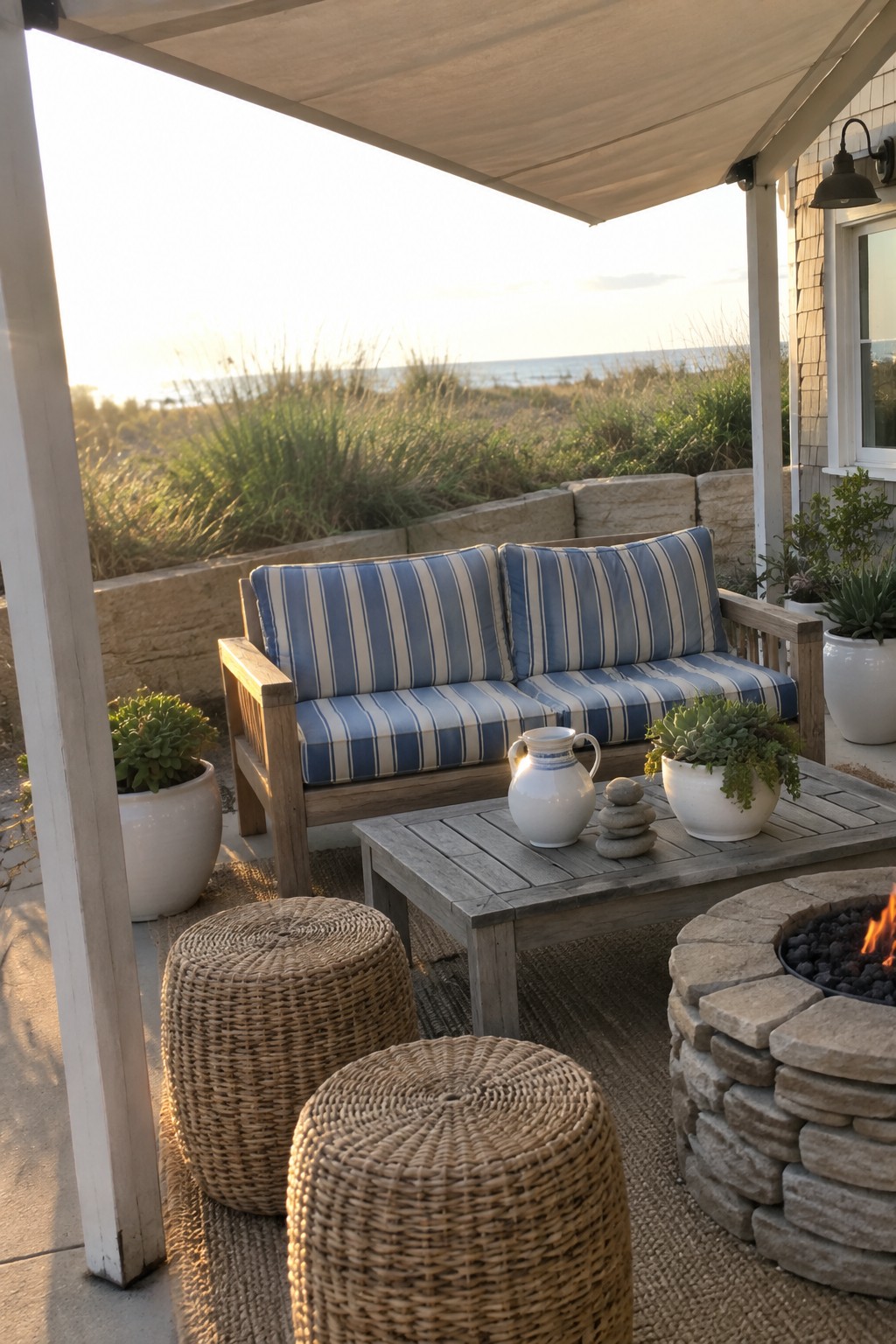 A blue-and-white striped sofa sits beneath a fabric canopy on a patio beside a low stone fire pit.