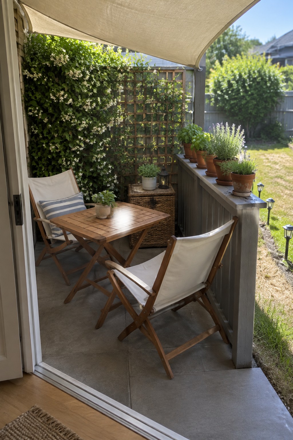 A beige retractable awning shades a small patio with a wooden table, folding chairs, and potted plants.