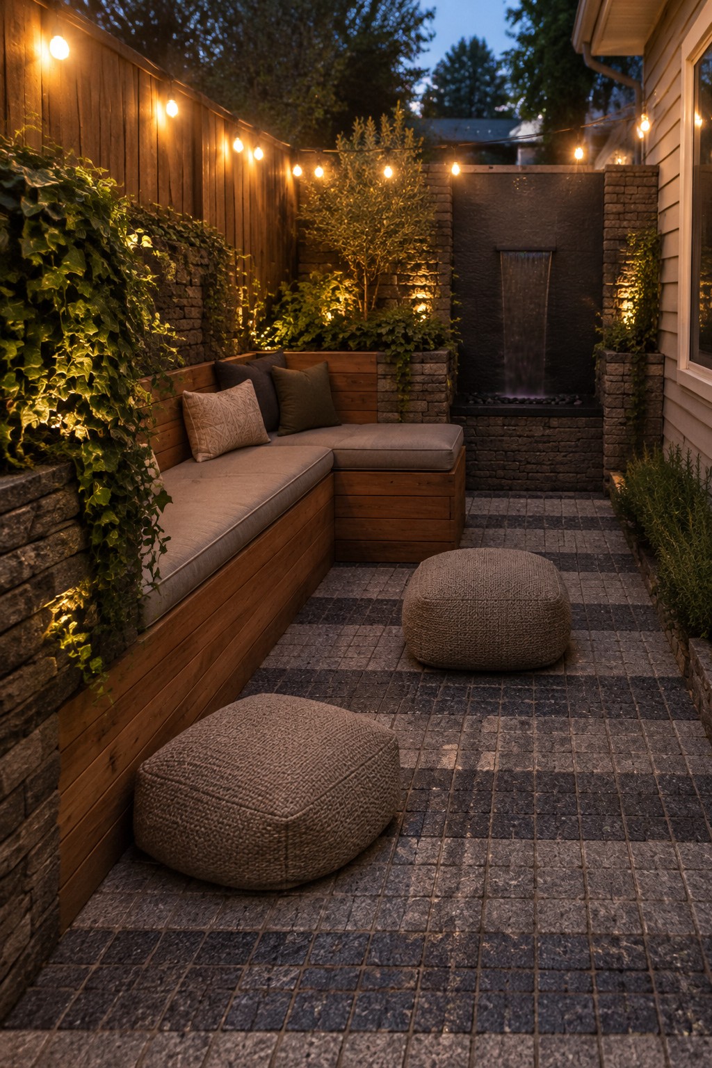 A narrow paved side patio with a wood bench, two round poufs, climbing ivy, string lights, and a wall-mounted waterfall.