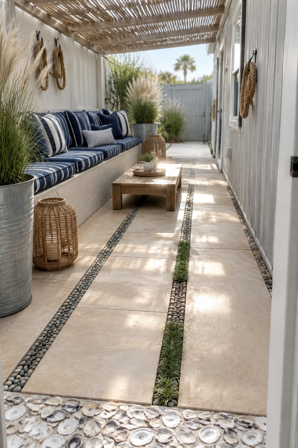 Large rectangular patio pavers are separated by narrow strips of stones and low plants beside a built-in bench.