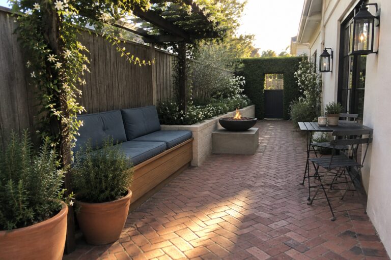 A narrow brick-paved side patio with a wooden bench, planters, a fire bowl, and a small table beside the house.
