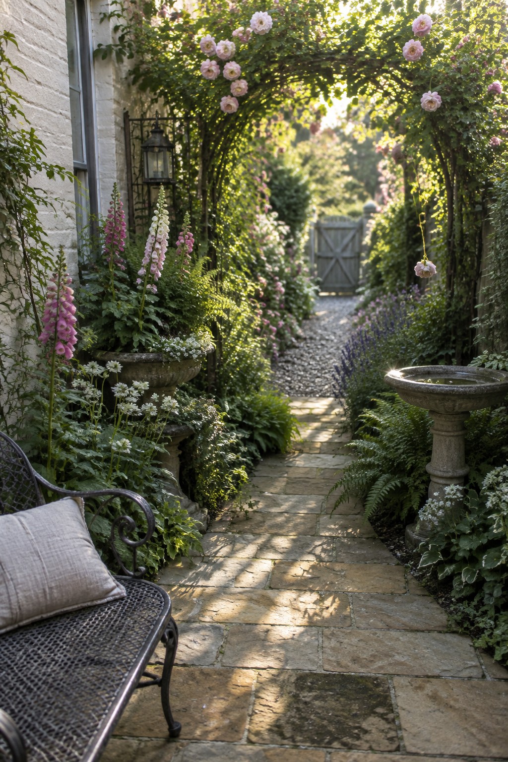 A stone paver path runs through a narrow garden between dense planting, with a bench and birdbath beside it.