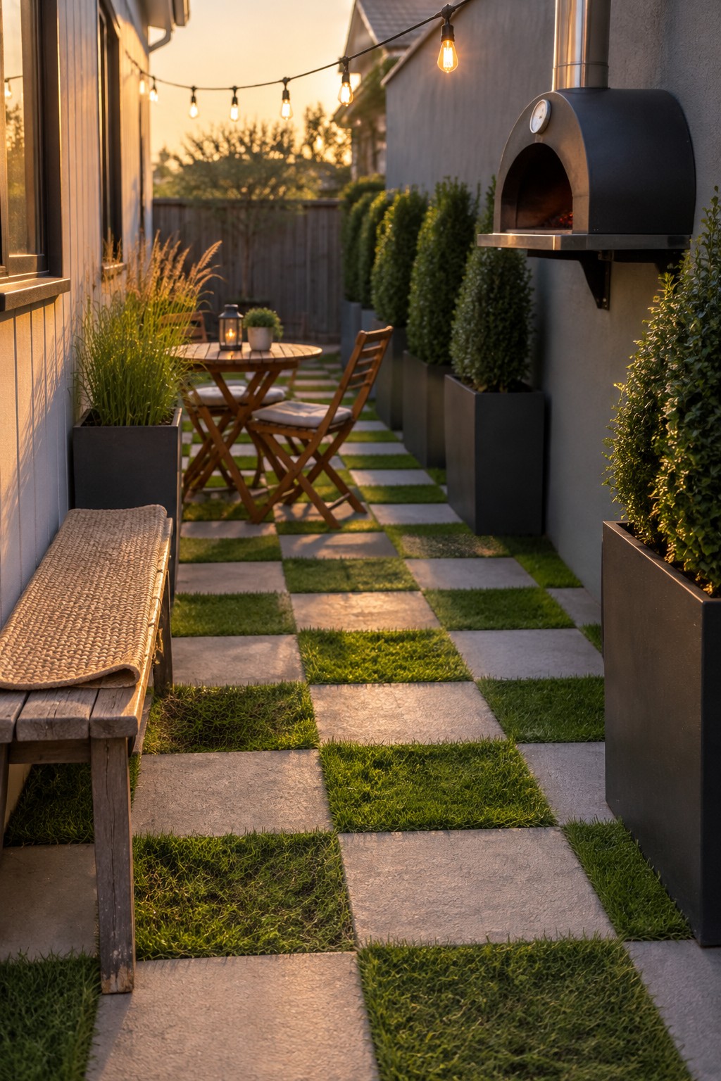 A narrow side yard with square pavers set in grass, a small wooden table and chairs, planters, and a wall-mounted pizza oven.