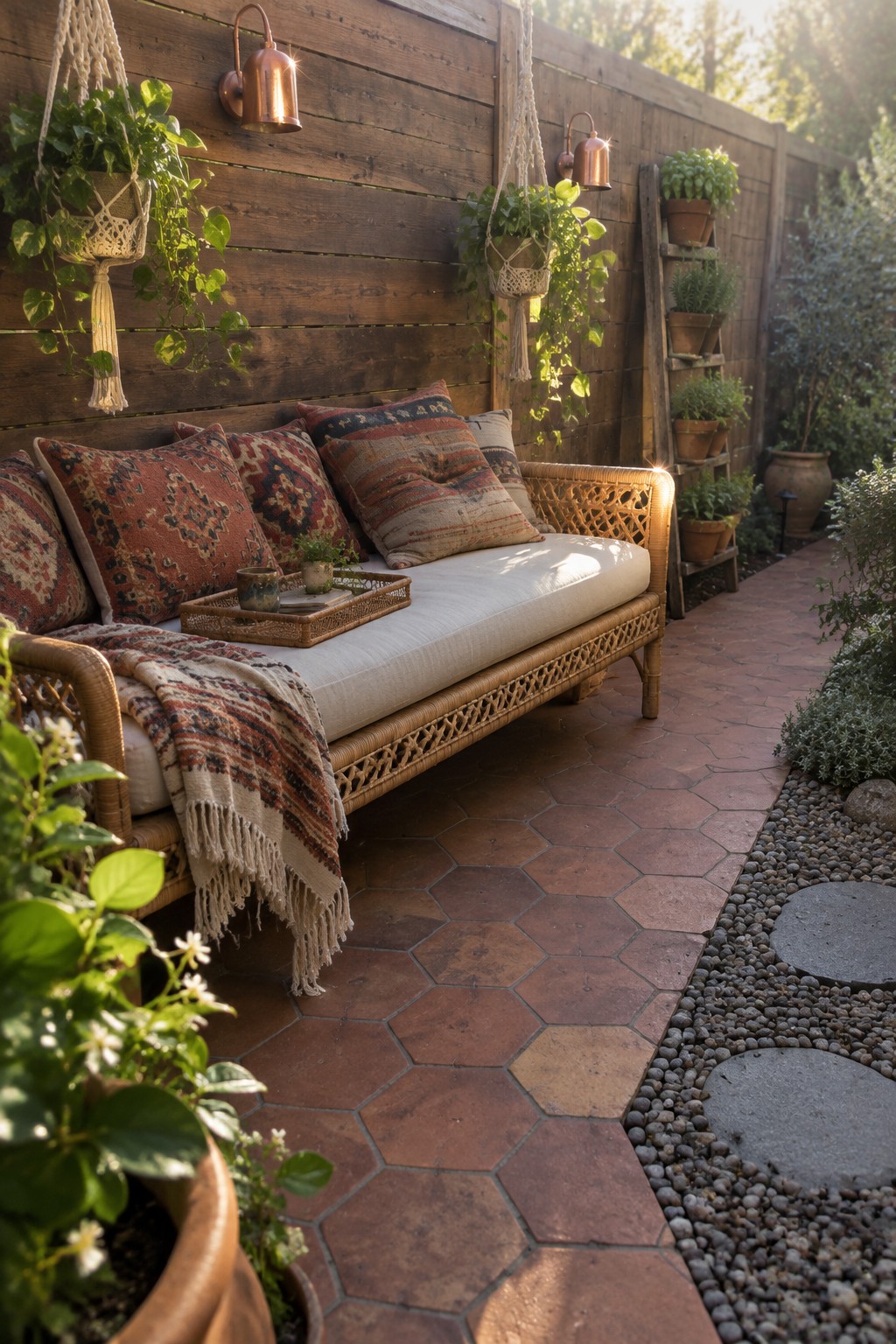 A wicker sofa with patterned cushions sits beside a wooden fence on a narrow patio paved with terracotta hexagonal tiles.