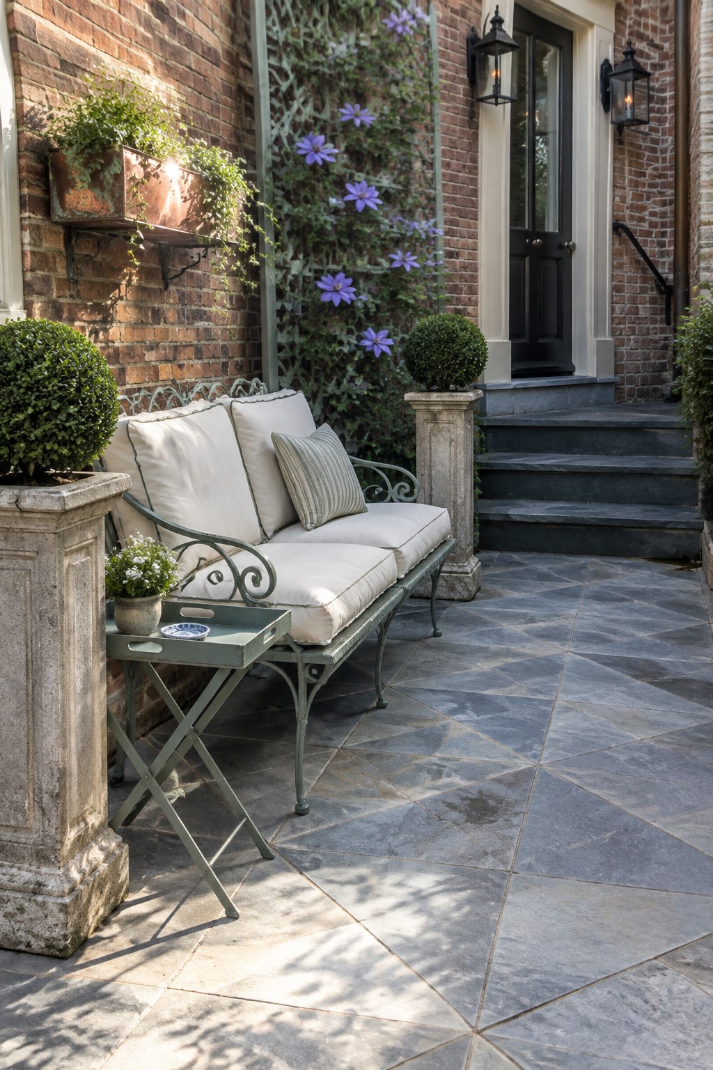 A narrow brick patio with a cushioned metal bench beside a tiled walkway leading to a black door.