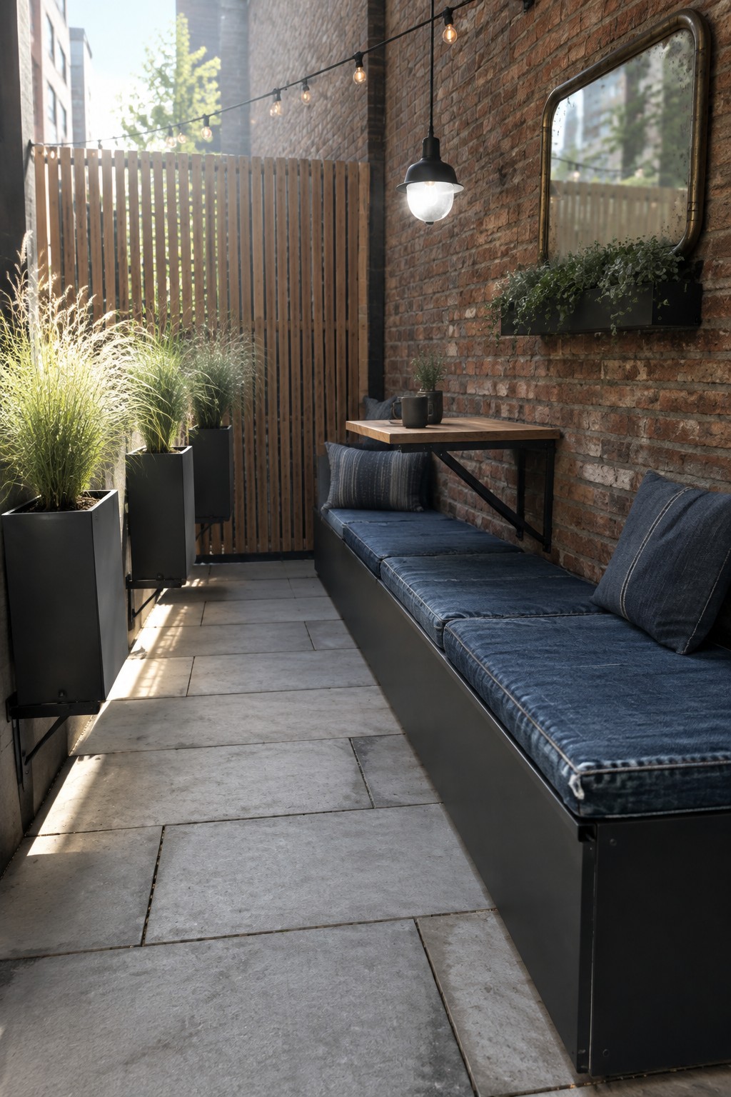 A narrow patio with a built-in bench and blue cushions beside a brick wall, with rectangular pavers and a row of planters.