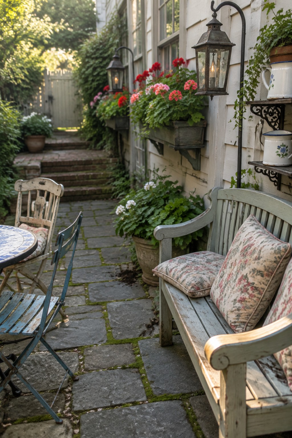 A narrow garden patio with a stone paver path, a wooden bench with floral cushions, and a small bistro table and chairs.