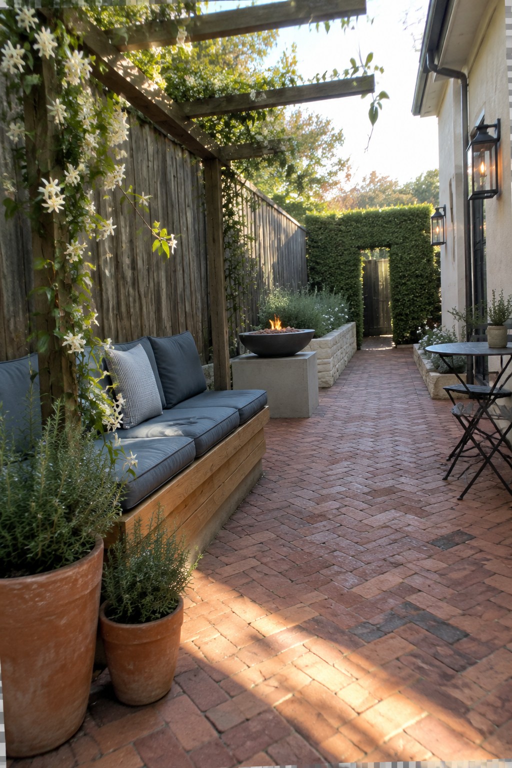 A narrow brick-paved side patio with a wooden bench, planters, a fire bowl, and a small table beside the house.