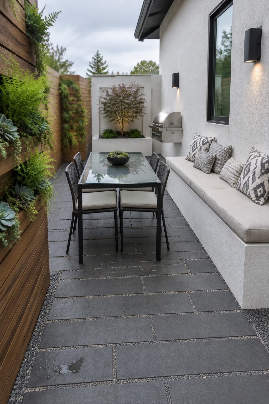 Large gray rectangular pavers with gravel joints form a narrow patio beside a wood privacy wall and a built-in outdoor bench.