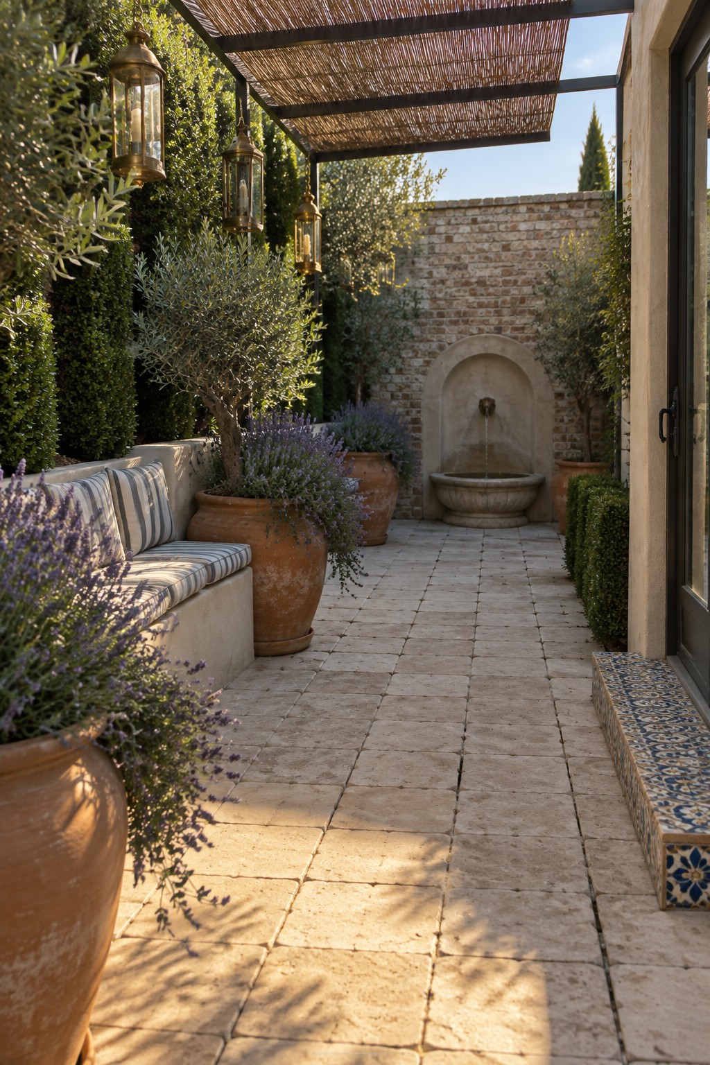 A narrow paved side patio with rectangular stone pavers, potted plants, a built-in bench, and a wall fountain.