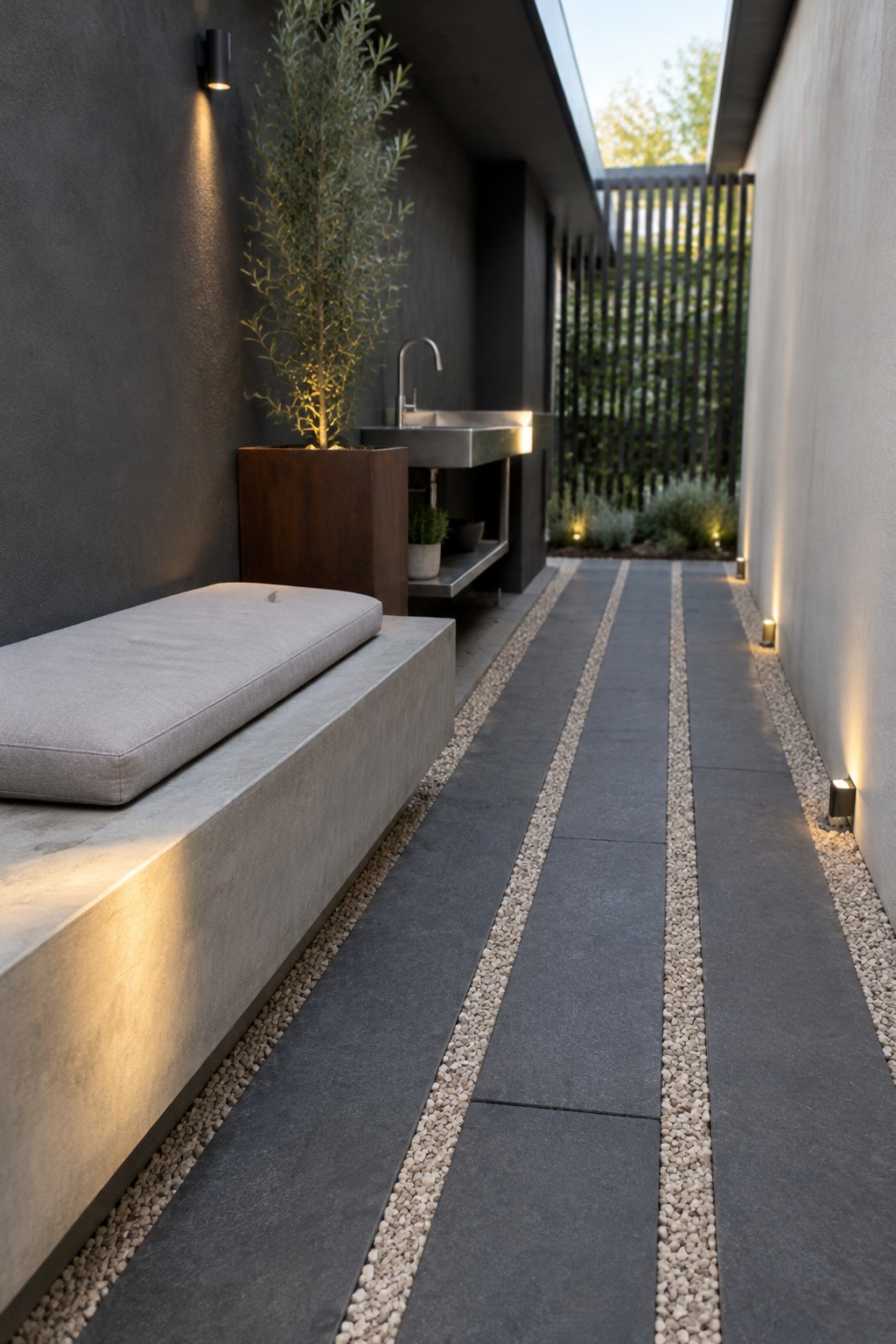 Long dark rectangular pavers run through a narrow side yard, separated by pale gravel, beside a built-in bench and a metal sink.