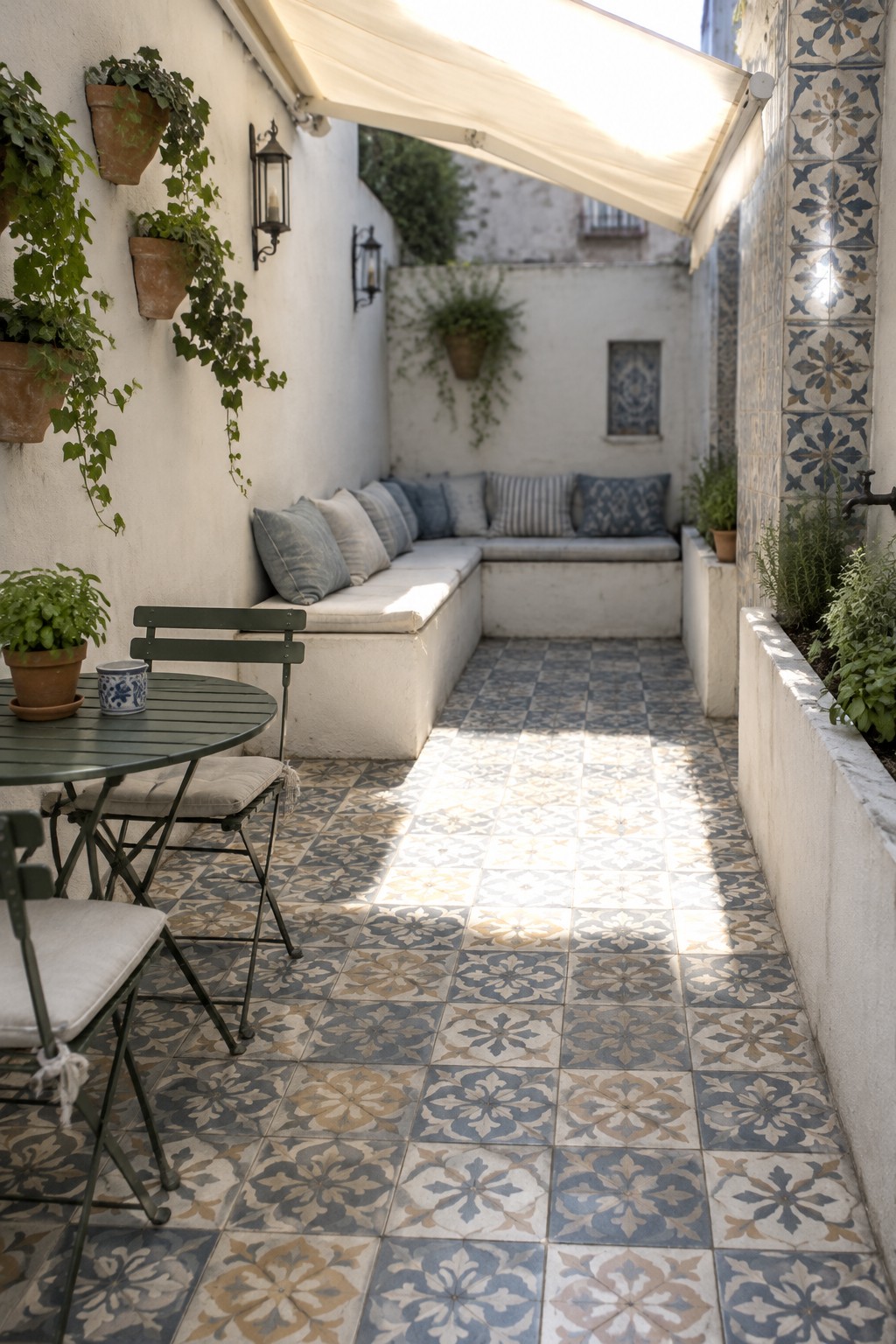 A narrow courtyard patio with patterned floor tiles, built-in bench seating, and a small café table under a retractable awning.