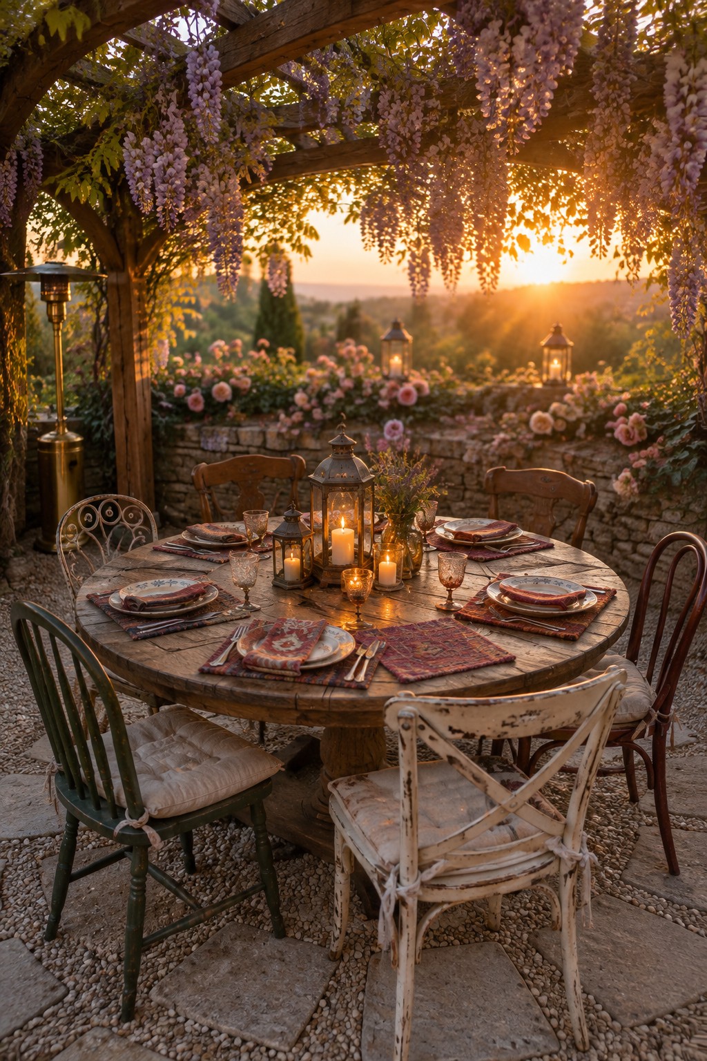 A round outdoor dining table with place settings and lanterns sits beneath a wooden pergola covered in hanging purple flowers.