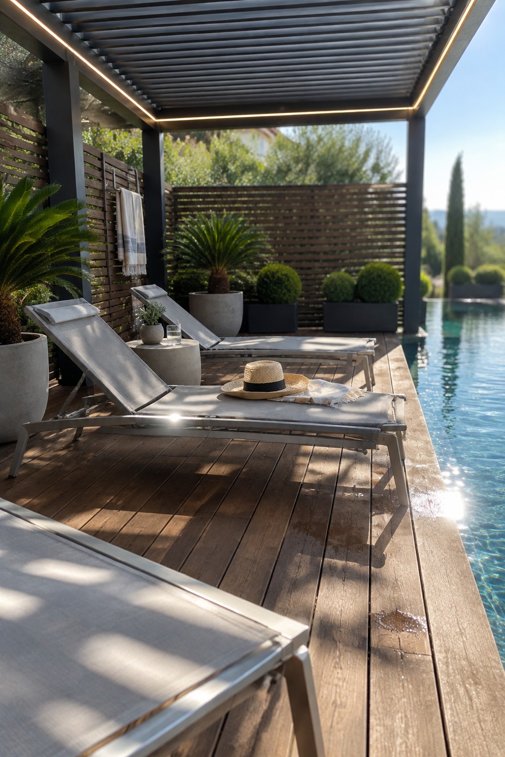 A dark pergola with adjustable roof slats shades gray lounge chairs on a wooden deck beside a swimming pool.