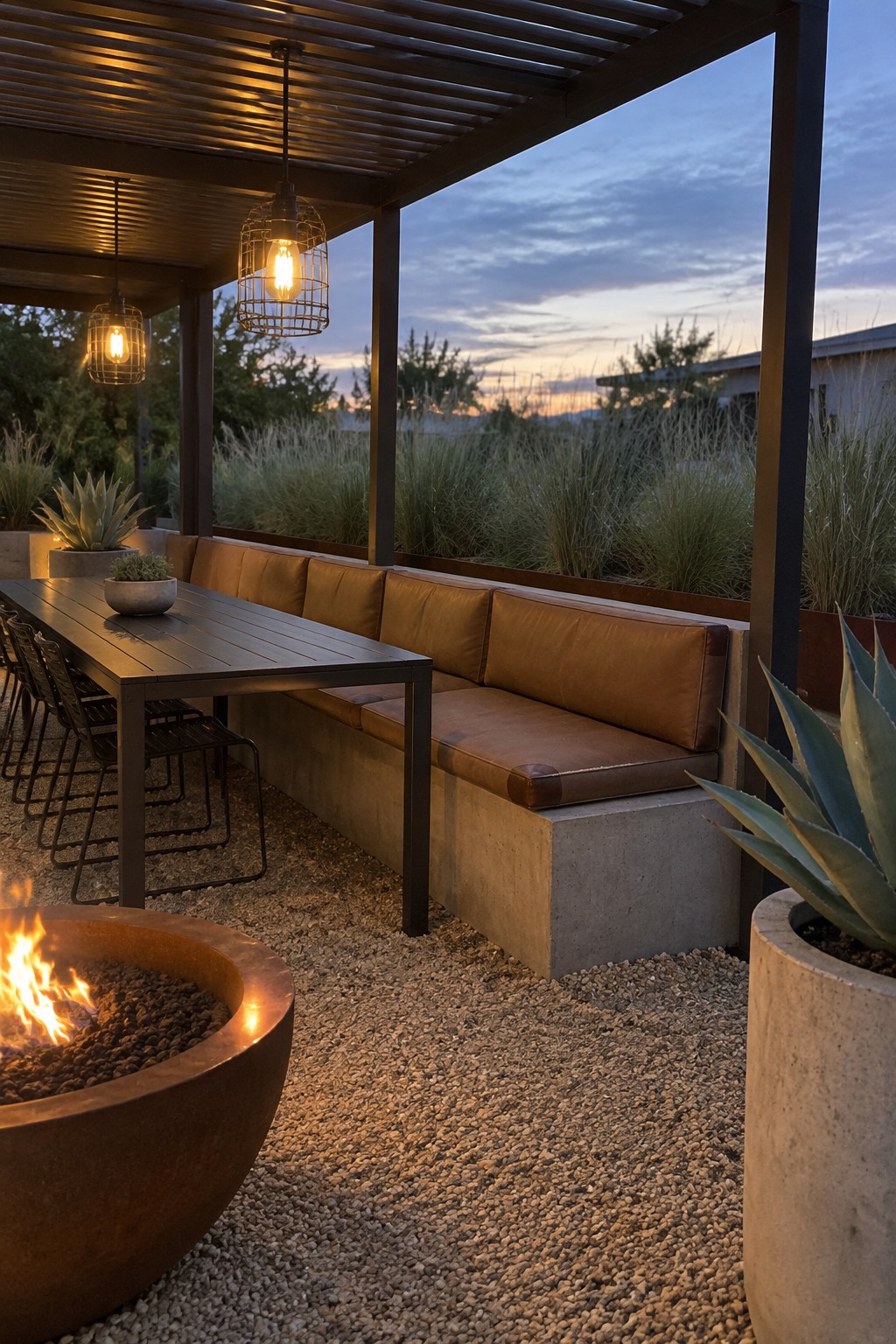 A pergola-covered patio with a long cushioned bench beside a dining table and a fire pit in the foreground.