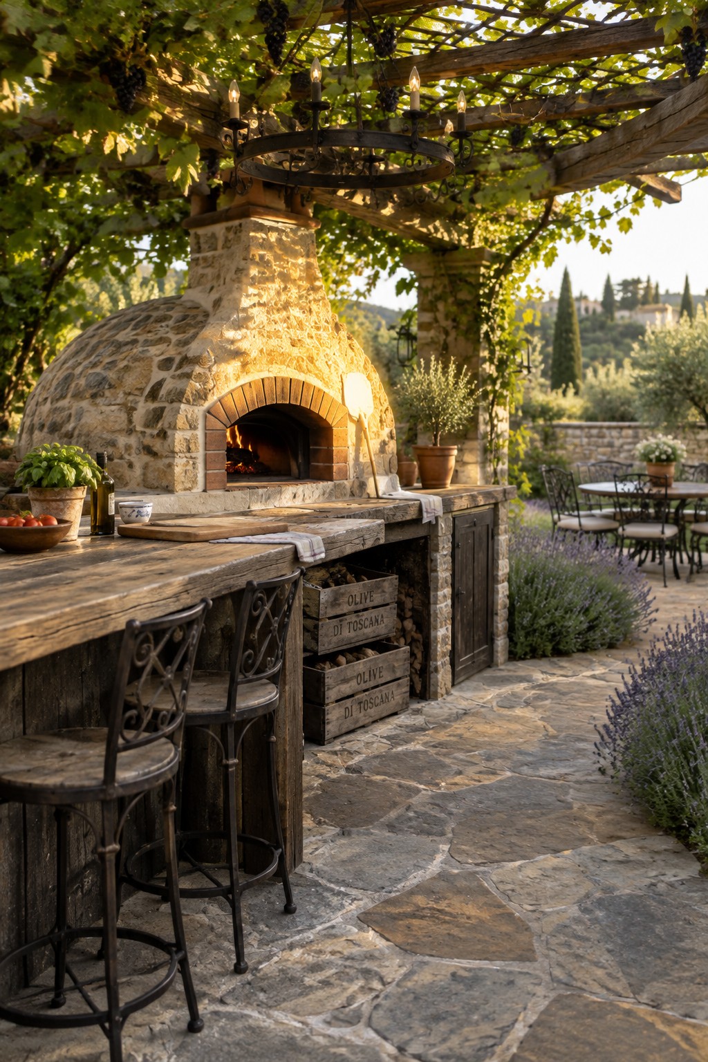 A stone outdoor oven and counter sit beneath a vine-covered wooden pergola, with bar stools and a dining table nearby.