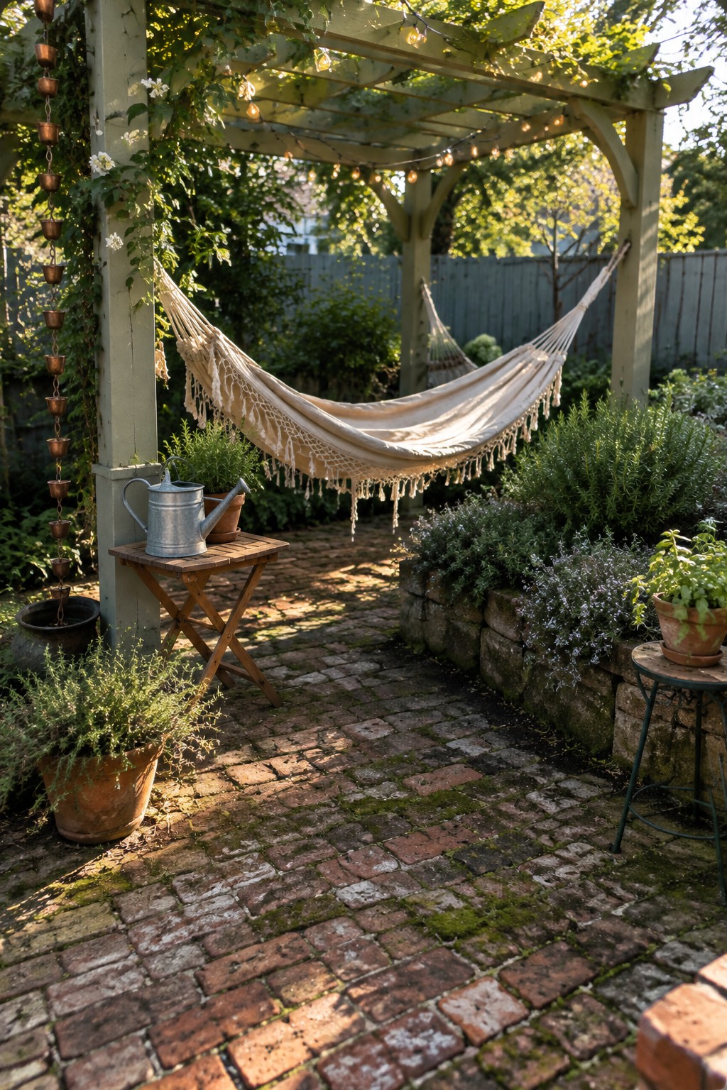 A cream fringed hammock hangs from a wooden pergola above a brick garden path, with potted plants nearby.