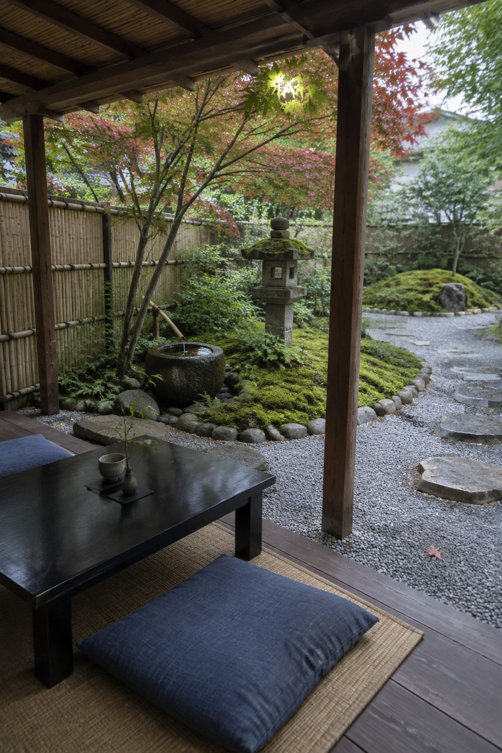 Low table and blue floor cushions sit beneath a wooden pergola beside a moss garden with a stone lantern.