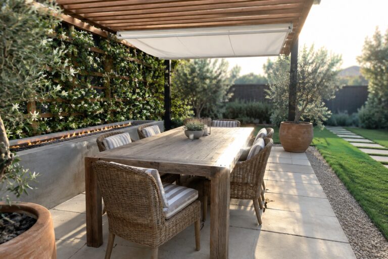 18 Beautiful Patio Garden Pergola Ideas for Plants, Shade, and Entertaining A long wooden dining table sits beneath a pergola with a retractable canopy, surrounded by woven chairs, a planted trellis, and a narrow gas fire feature.