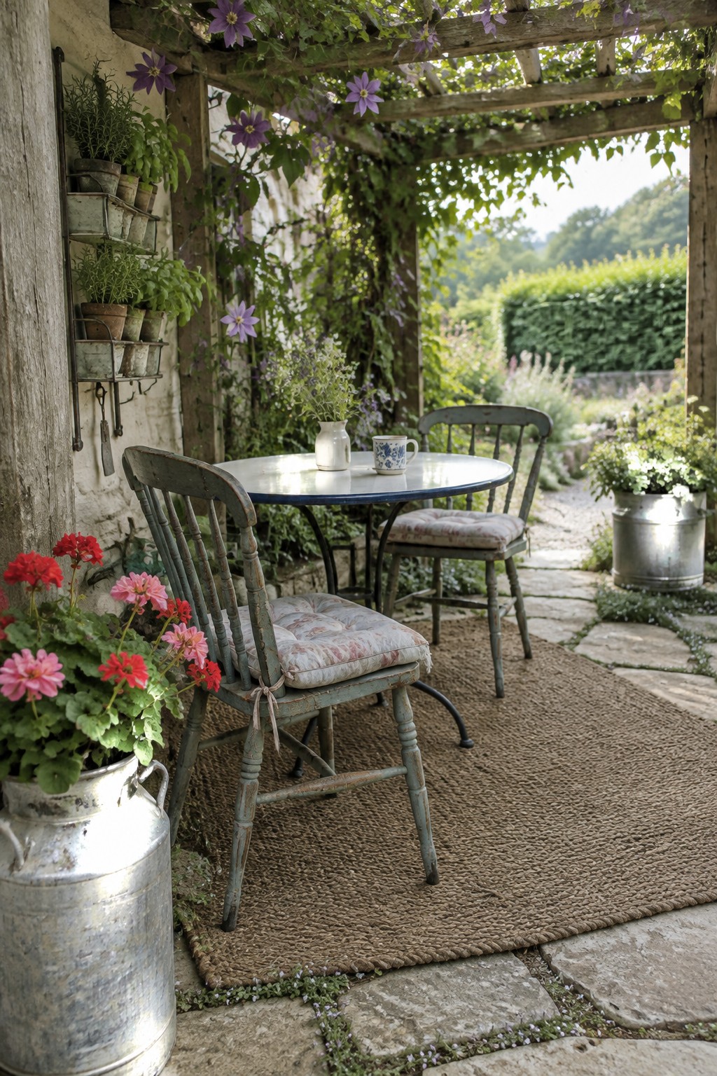 A round patio table and chairs sit beneath a wooden pergola covered in greenery and purple flowers.