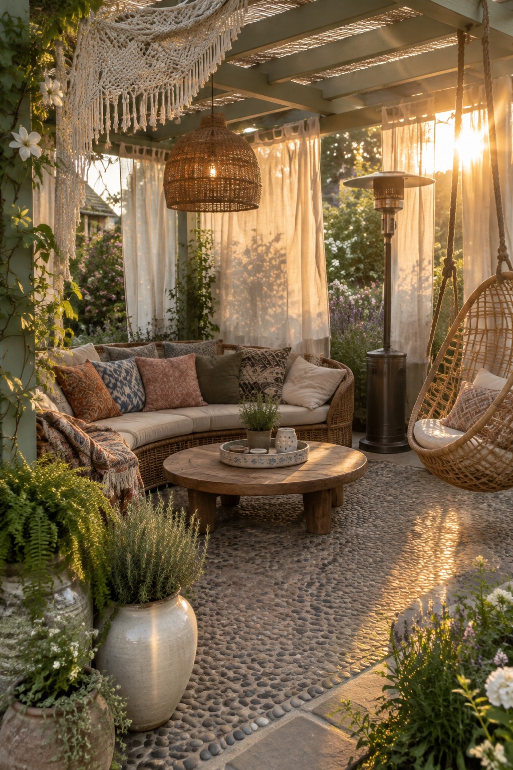 A pergola-covered patio with a wicker sofa, hanging chair, sheer curtains, and potted plants.