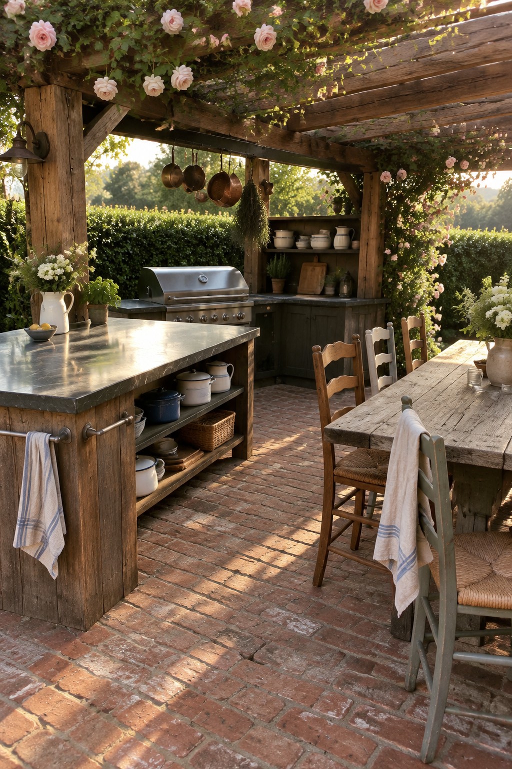 A garden pergola covered in climbing roses shelters an outdoor kitchen, grill, and wooden dining table on a brick patio.