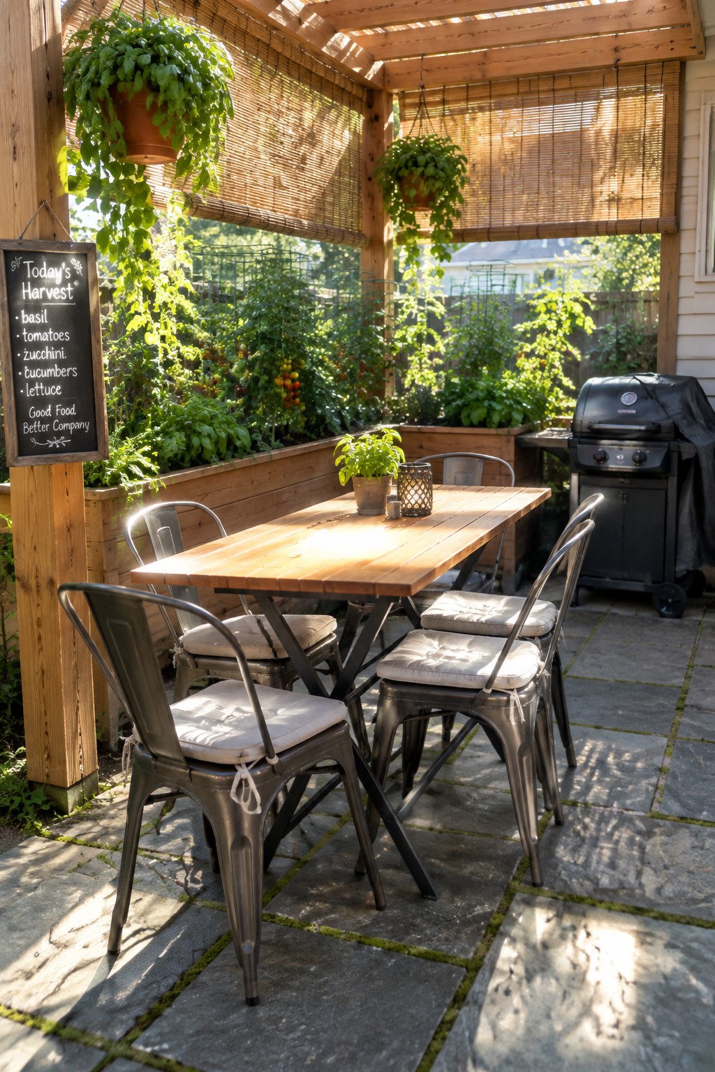 A wooden pergola shades a patio dining table beside raised garden beds, hanging plants, and a barbecue.