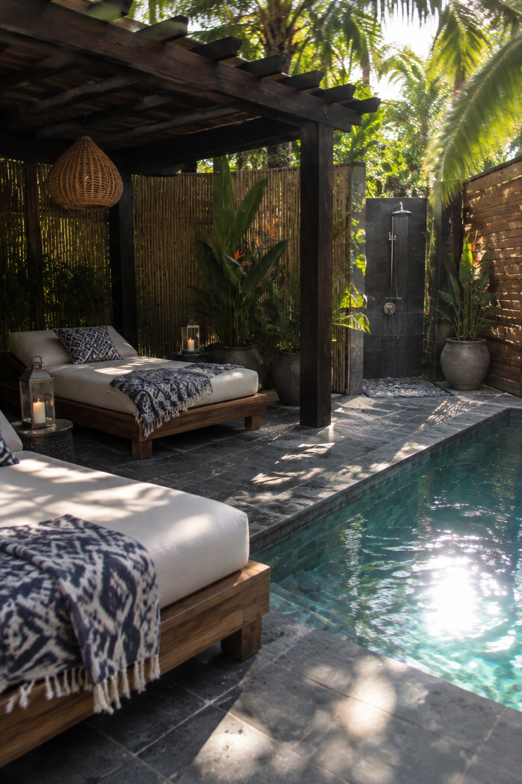 A dark timber pergola shades two cushioned daybeds beside a small pool and an outdoor shower.