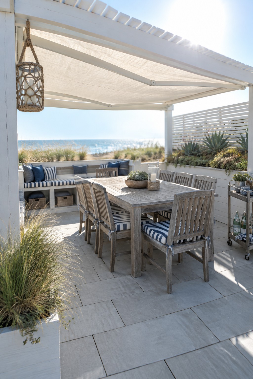 A wooden dining table and chairs sit beneath a white pergola with a fabric canopy on a seaside patio.