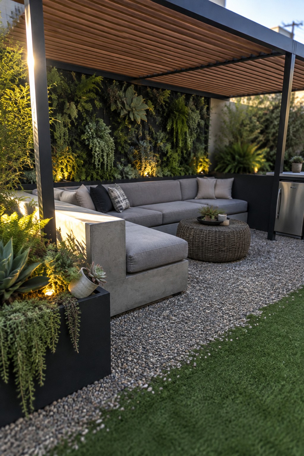 A gray sectional sofa sits beneath a dark pergola with a slatted wood roof beside a planted wall and gravel patio.