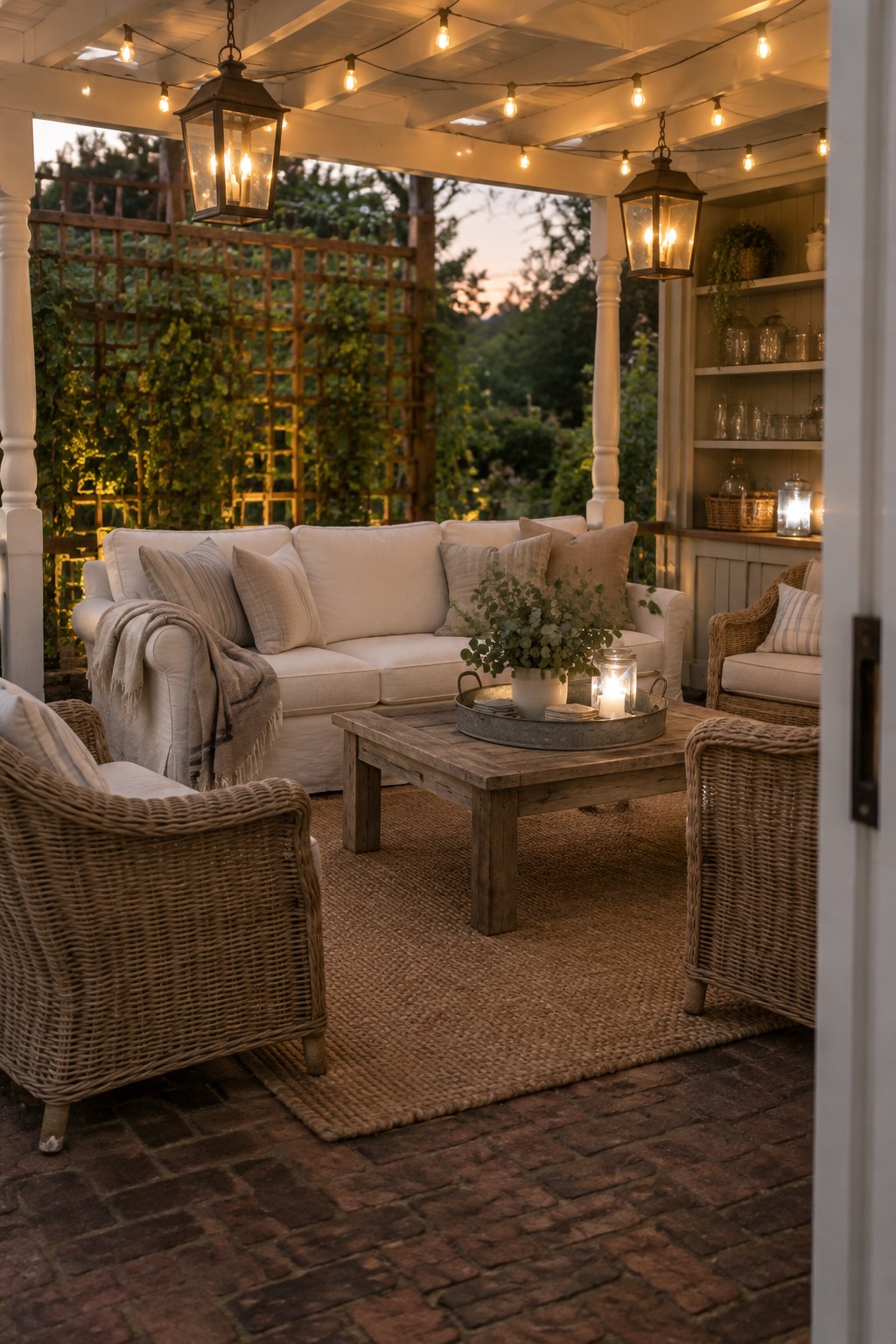 A covered patio pergola with string lights and hanging lanterns above a sofa, wicker chairs, and a wooden coffee table.
