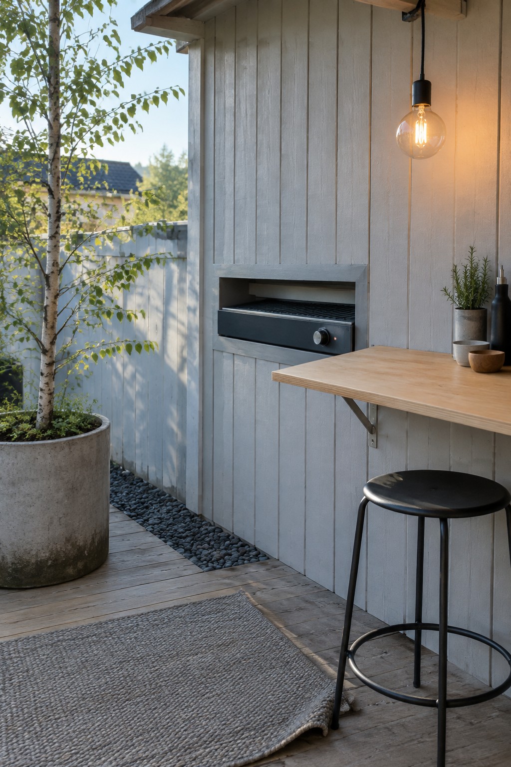 A built-in grill sits in a white vertical-board wall beside a fold-down wooden counter and black stool on a narrow deck.