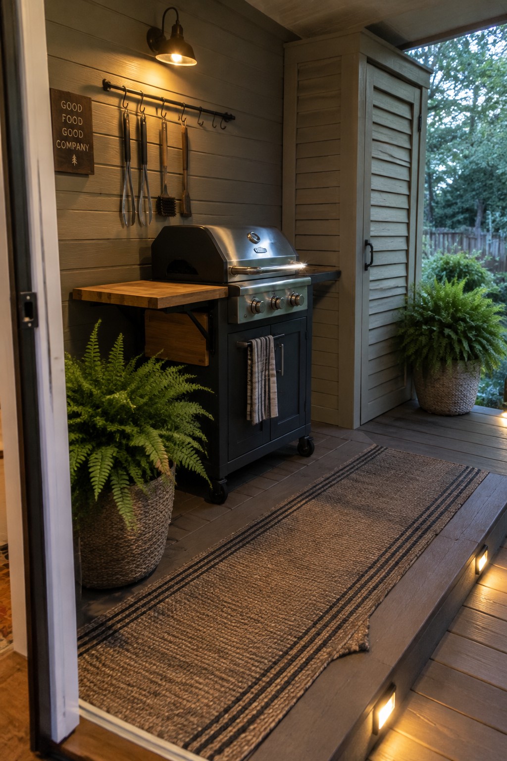 A stainless steel grill with a wooden side counter sits in a covered porch cooking area.