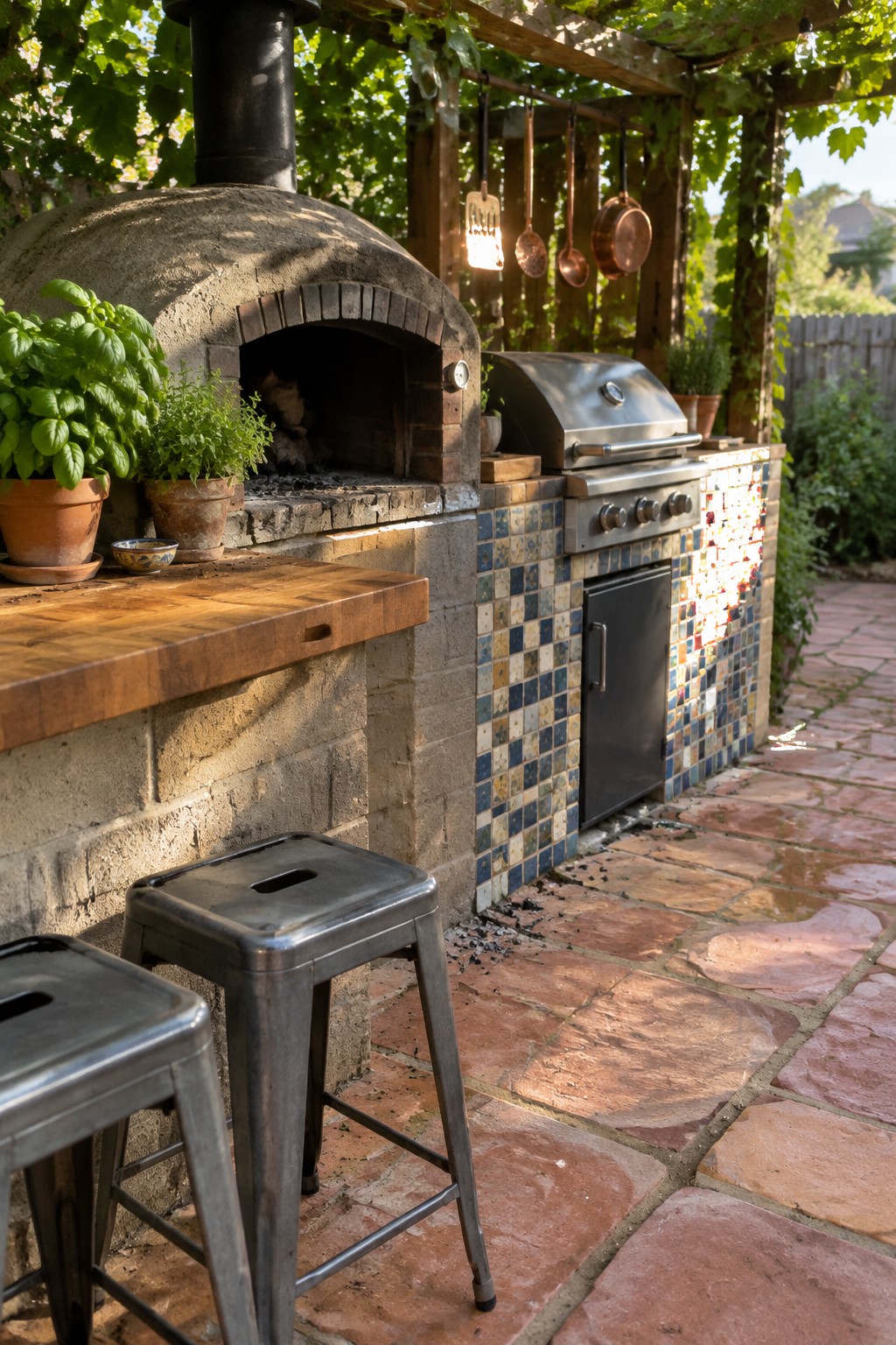 A backyard cooking area with a masonry pizza oven, a built-in gas grill, a wooden counter, and metal stools.
