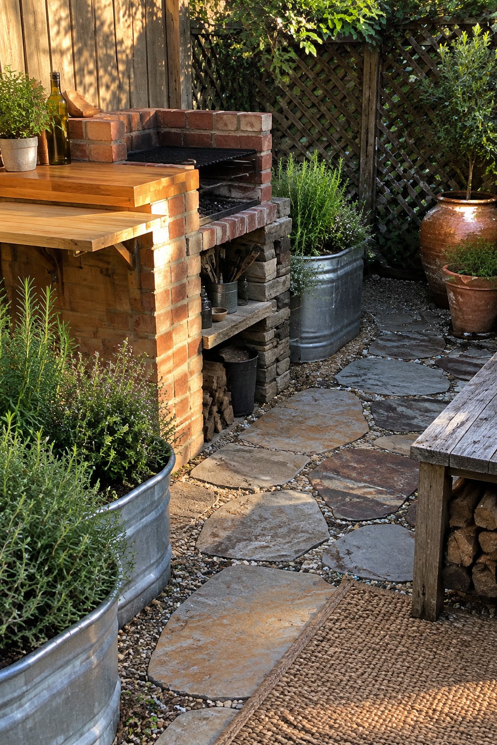 A brick outdoor grill with a wooden counter stands beside a gravel path with stone pavers and metal planters.