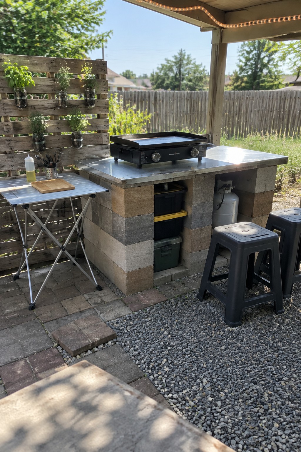 A flat-top grill sits on a block counter beneath a covered patio, with a small folding prep table beside it.