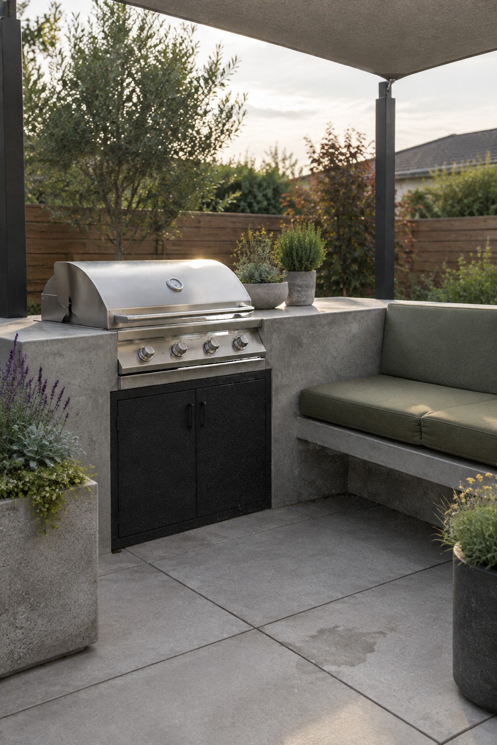 A built-in stainless steel grill sits beside a concrete bench with green cushions on a paved patio.