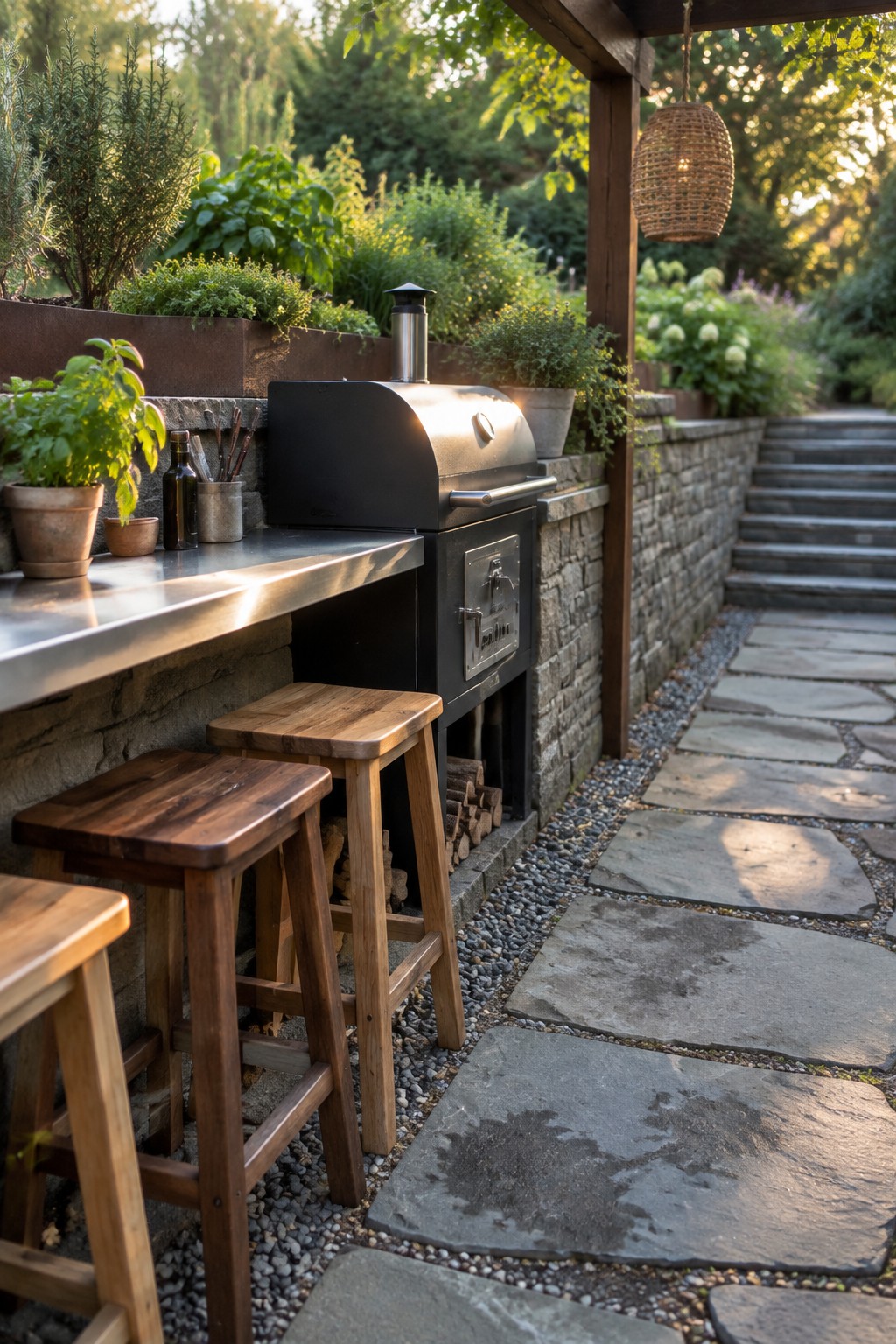 A built-in outdoor grill and counter with wooden stools beside a stone path and garden steps.