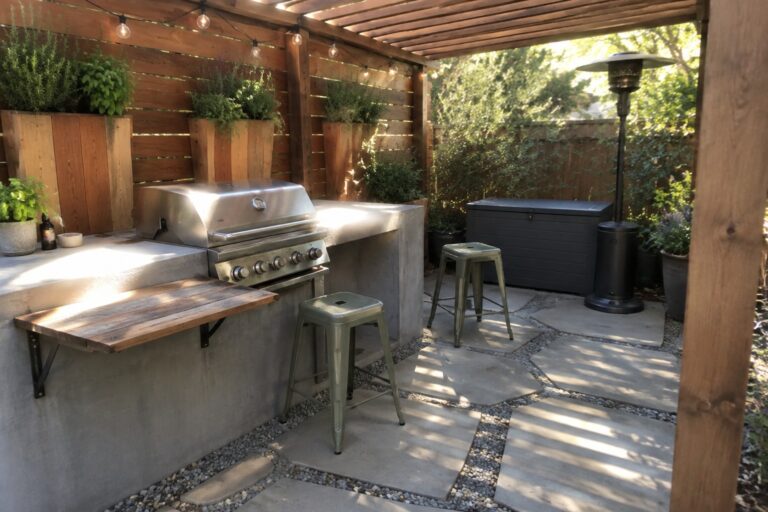 A stainless steel grill is set into a concrete counter beneath a wooden pergola, with a narrow wood ledge and metal stools nearby.