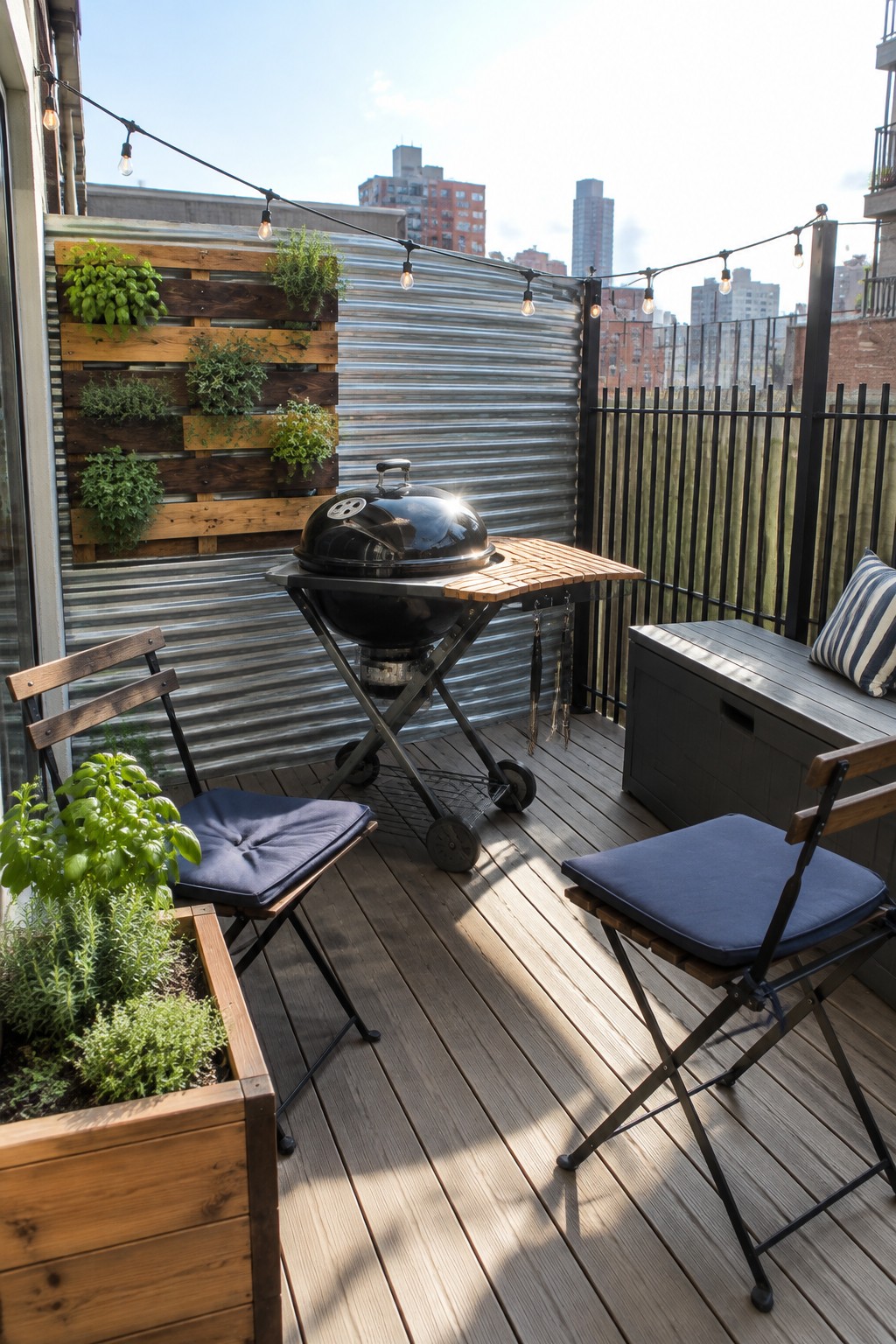 A compact black kettle grill with a narrow wooden side shelf sits on a deck with folding chairs, planters, and a storage bench.