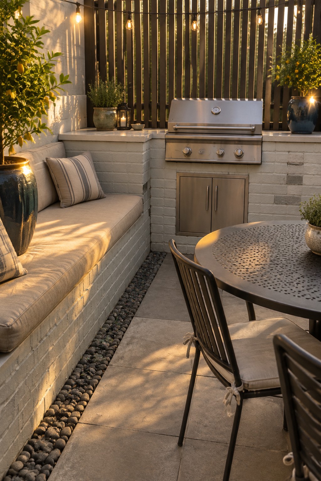 A stainless steel grill is built into a white brick counter beside a cushioned patio bench and round dining table.